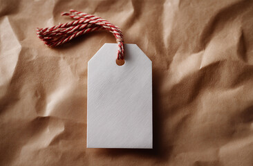 blank tag  lies on crumpled surface ready for custom inscription.