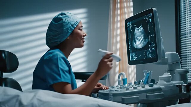 Doctor performs ultrasound scan in hospital room with monitor displaying fetal image. Sonographer operates ultrasound machine in clinic. Doctor uses ultrasound equipment for prenatal examination.