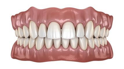 Obraz premium A set of white teeth with pink gums on a white background dental mouth isolated on a transparent background