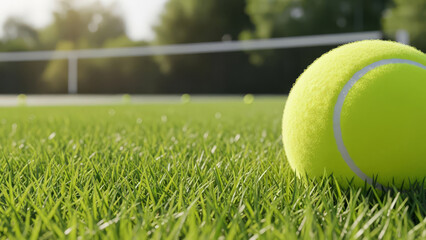 Tennis Ball on Green Grass Court with Sun Flare and Blurred Background