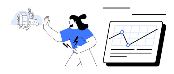 Woman turning away from snacks and beverages, prioritizing health and fitness. Ideal for wellness, health, nutrition, decision-making, self-discipline, goal tracking and motivation. Simple flat