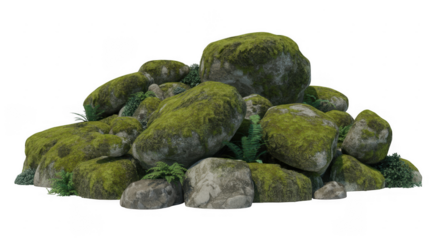A pile of mossy rocks and small green plants on black stones isolated on a transparent background