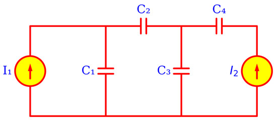 Editable Capacitive Network Circuit Diagram with Multiple Capacitors and Dual Current Sources &ndash; Electrical Engineering Schematic for Nodal Analysis, Transient Response and Education