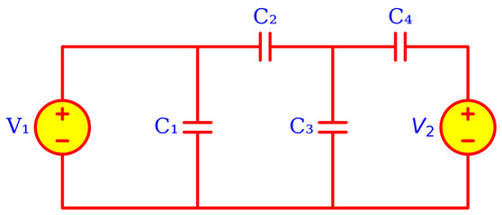 Editable Capacitive Network Circuit Diagram with Multiple Capacitors and Dual Voltage Sources &ndash; Electrical Engineering Schematic for Nodal Analysis, Equivalent Capacitance and Education