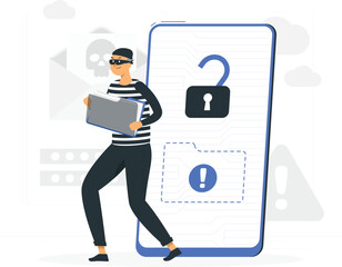 Cartoon thief with folder standing next to large smartphone with padlock and warning sign on screen