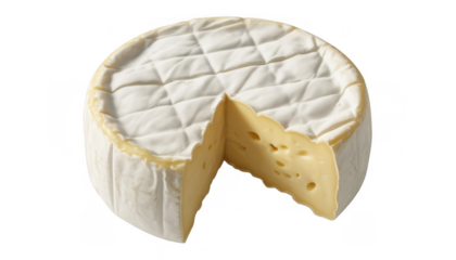 A wheel of brie cheese with a slice cut out white creamy isolated on a transparent background