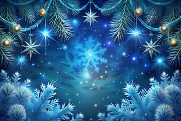 Magical winter wonderland scene with sparkling snowflakes and festive decorations