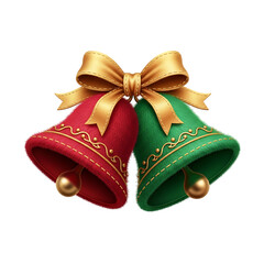 A pair of festive red and green fluffy Christmas bells tied with a golden ribbon bow, decorated with intricate gold patterns and golden clappers, isolated.