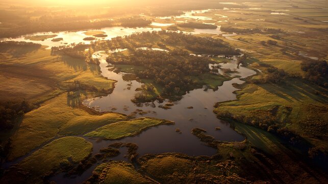 Aerial View of a Serene River Delta at Golden Hour.