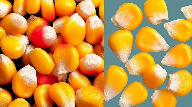 A close up of a bunch of corn kernels, some of which are yellow and some are red. The red corn is surrounded by the yellow corn, creating a contrast in color. Concept of abundance and variety