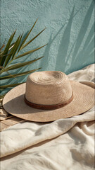 Straw hat on linen fabric with palm leaves in Mediterranean summer light