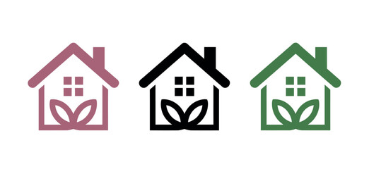 Colorful House Icons with Leaves