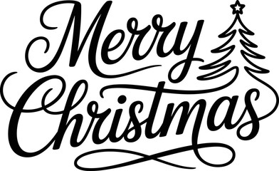Black Calligraphy Lettering Design of Merry Christmas Text with a Stylized Christmas Tree Icon Isolated on a Plain White Background