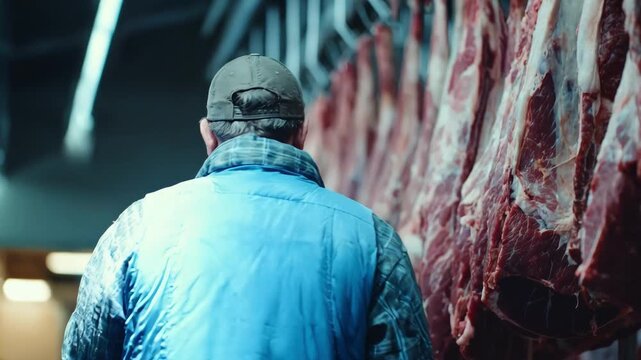 Medium shot of a worker visually inspecting a carcass examining color and texture to ensure quality and safety standards.