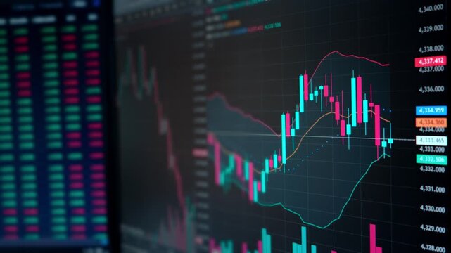 Moving financial chart with uptrend line candlestick graph and numbers in stock market on monitor