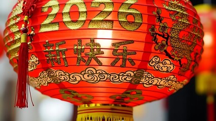 Red chinese lantern with gold decorations and tassel for 2026 celebration