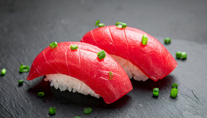 negitoro minced tuna sushi on black background, green onion garnish, smooth texture