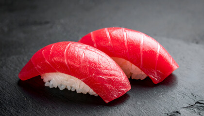 maguro otoro fatty tuna nigiri sushi on black background, rich marbling, premium Japanese style