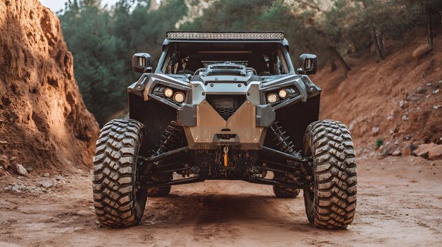 Aggressive Off-Road Vehicle with Large Tires on a Dirt Trail.