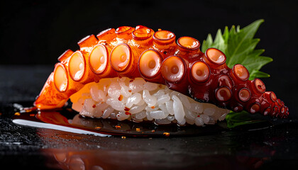 tako octopus nigiri sushi on black background, suction details visible, clean presentation