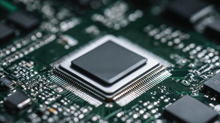 Obraz premium Close up of computer microchip on green circuit board