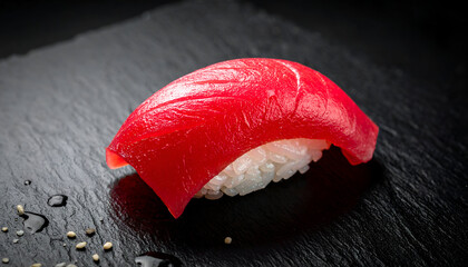 tuna nigiri sushi single piece on black background, vibrant red fish, clean food styling