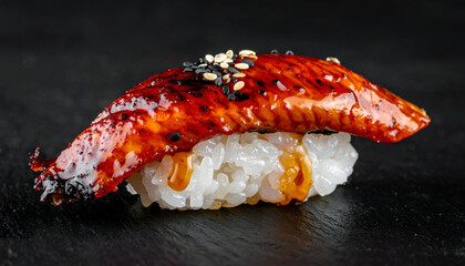 unagi grilled eel nigiri sushi on black background, caramel glaze shine, rich texture