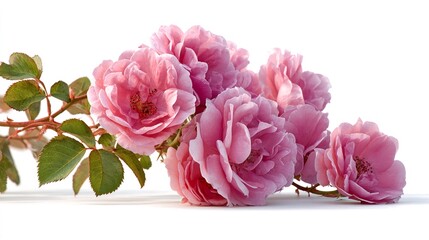 Pink rose flowers with green leaves on white