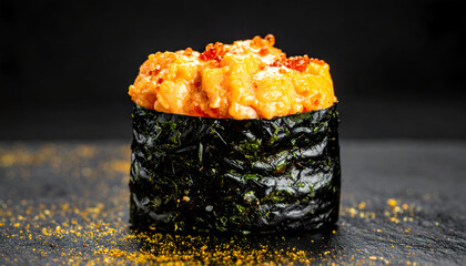 uni sea urchin gunkan sushi on black background, creamy golden texture, luxury feel