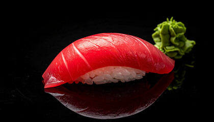 tuna nigiri sushi single piece on black background, vibrant red fish, clean food styling