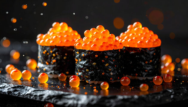 tobiko flying fish roe gunkan sushi on black background, tiny orange beads, vivid pop
