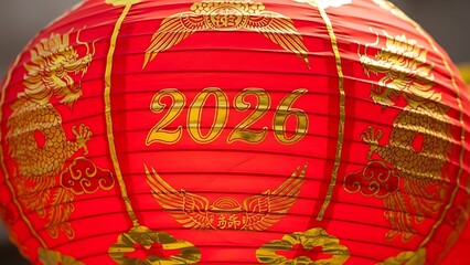 Close up of a vibrant red chinese lantern with gold dragon designs and the year 2026 written in gold for a festive look