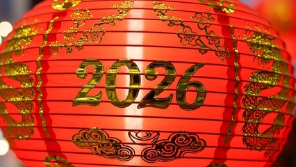 Red chinese lantern with gold decorations and the year 2026 written on it, symbolizing good luck and prosperity in the new year