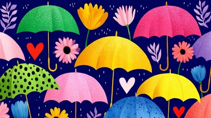 A colorful painting of umbrellas and flowers with hearts. The mood of the painting is cheerful and bright