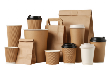 Assorted brown paper cups and bags with different lids disposable isolated on a transparent background