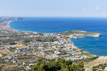 View of vacation town Kolymbia with beach from above at the Aegean Sea Rhodes island, Greece