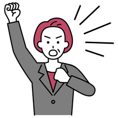 拳を上げて抗議する中年のスーツの女性