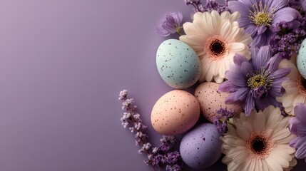 Obraz premium Pastel easter eggs and spring flowers on purple background