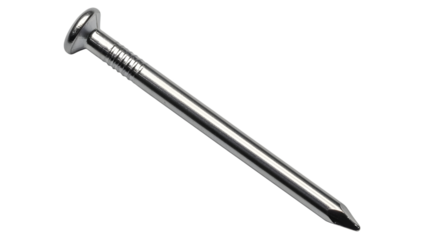 Silver nail with ridged shaft and flat head isolated on a transparent background metal nail pointed tip