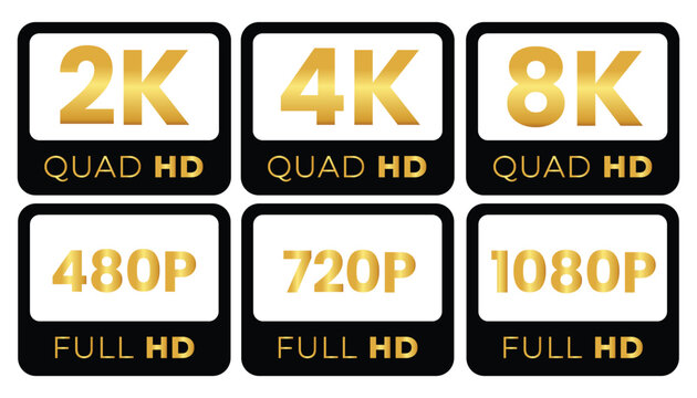 Premium Black and Gold Video Resolution Tags - 4K, 8K, HD, and QHD Icon Set vector