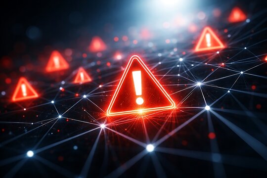 Red warning signs indicating a cyber security risk or system vulnerability on a digital network - Powered by Adobe
