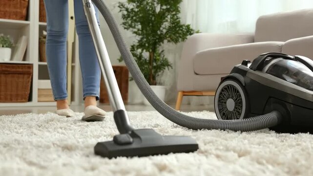 Medium shot of a person vacuuming a living room carpet with an advanced vacuum designed to reduce dander and allergens effectively.