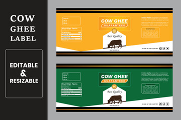 Cow ghee packaging label vector, Editable premium quality butter and milk cream fresh dairy product information.