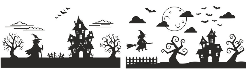 Fototapeta premium Spooky Halloween night scene with witches and haunted houses