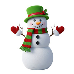 Friendly snowman wearing a green textured hat, red striped scarf, holding red mittens, with black button eyes and twig arms. Cheerful winter character.