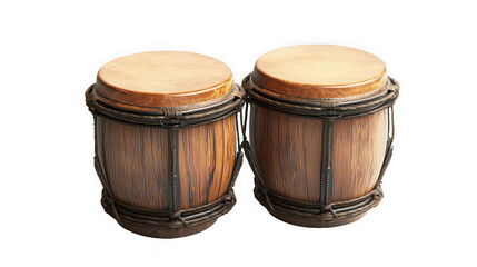 Title: Pair of Wooden Bongo Drums Percussion Instrument Isolated on White

