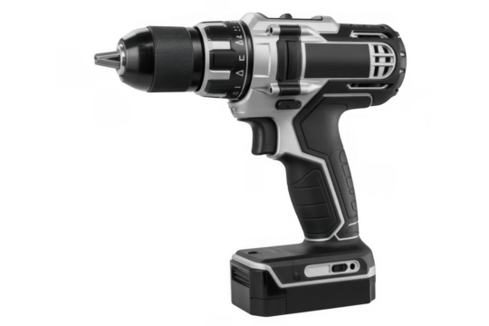 Black and Silver Cordless Drill from Different Angle tool isolated on a transparent background - Powered by Adobe