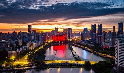 Wuhan Skyline Sunset Over Yangtze River with Red Reflection © PhamHong