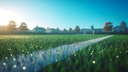 Fototapeta premium Serene landscape of a dewy field at sunrise with trees in the background