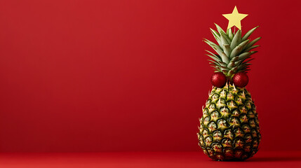 Festive pineapple stands against a red backdrop, decorated with red ornaments and a star on top, creating a unique holiday tree alternative. Celebration & tropical twist!